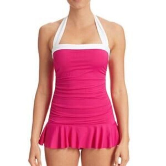 Lauren Ralph Lauren Bel Aire One Piece Skirted Swimsuit Pink White Size 10 - Picture 1 of 11
